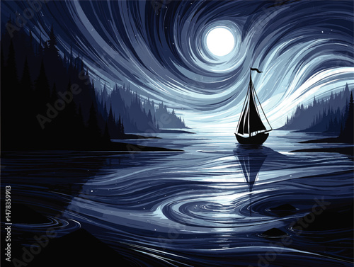 Mystical Night Sailing Scene Vector Illustration with Sailboat Silhouette Moonlight Reflections Swirling Sky Calm Waters Forest Landscape Nature Stars Dreamy Art Design