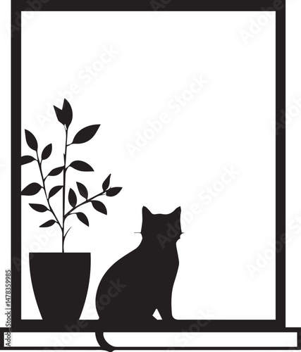 Silhouette of Cat Sitting on Windowsill with Plant