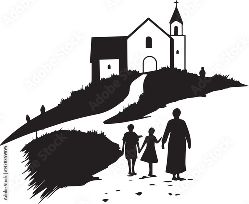 Silhouette of Family Walking Toward Church on Hill
