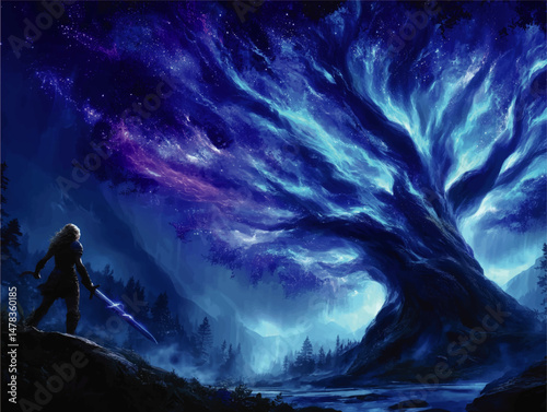Epic Fantasy Vector Illustration Featuring Majestic Mystical Tree and Warrior with Glowing Sword Under Cosmic Sky Magical Blue and Purple Fantasy Scene Game Concept Art