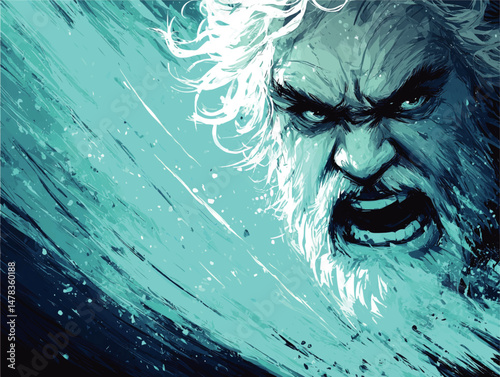 Powerful Vector Illustration of Angry Fierce Mythical God with White Beard in Blue Wave Dynamic Background for Fantasy Comics Gaming Posters and Graphic Design Projects
