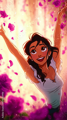 Beautiful Vector Illustration of Happy Young Woman Celebrating Joyfully Among Falling Purple Flower Petals Inspirational Feminine Empowerment and Happiness Concept Art