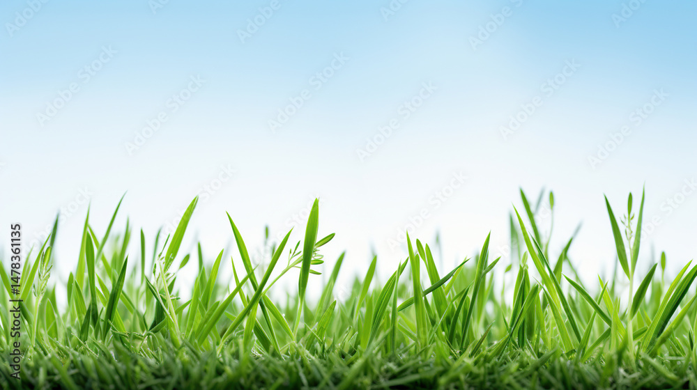 Fototapeta premium Fresh grass on white background with blue top