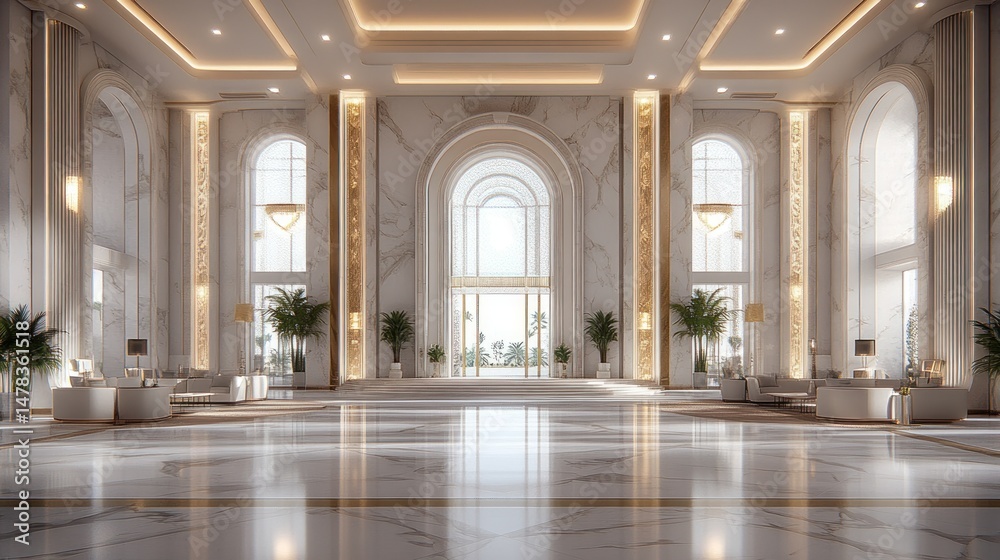 Fototapeta premium Grand, opulent lobby with marble accents and arches