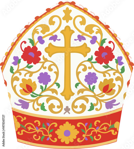 Colorful Floral Papal Mitre Vector with Gold Cross – Ornate Catholic Bishop Hat Illustration Isolated on White Background