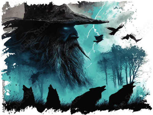 Mystic Vector Illustration Featuring Majestic Bearded Sorcerer with Glowing Eyes Wolves Howling Ravens Flying Thunderstorm Spooky Forest Fantasy Adventure Mythical Art