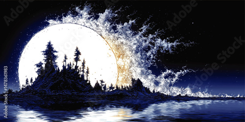 Mystical Nightscape Vector Art with Majestic Full Moon Shining Over Dark Island Forest Silhouette Reflecting on Calm Ocean Water Waves Under Starry Night Sky Background