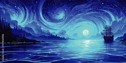 Enchanting Blue Night Vector Illustration with Sailing Ship Moonlit Sky Starry Spirals Ocean Waves Serene Fantasy Scenic Landscape Lighthouse and Pine Forest Silhouette
