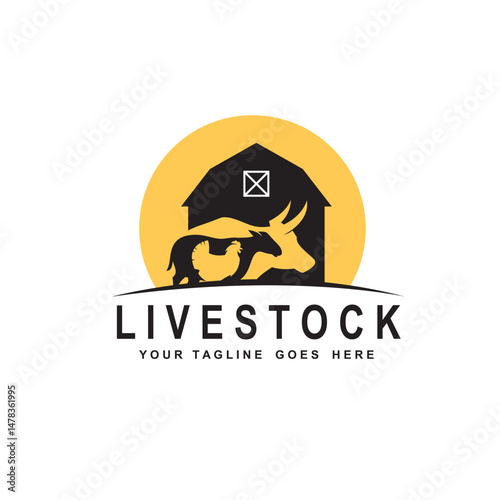 label of farm animals cow, chicken and sheep isolated on white background
