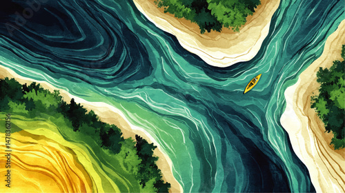 Serene Nature Scenery Vector Illustration Featuring Aerial View of Rivers Forest Trees Sandy Shores and Kayaking Adventure with Abstract Colorful Textured Background
