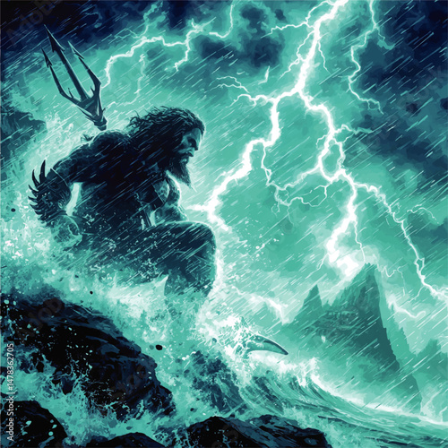Epic Vector Illustration of Ocean God with Trident Emerging from Stormy Sea with Lightning and Thunder in Mythical Fantasy Digital Painting Style for Creative Inspiration