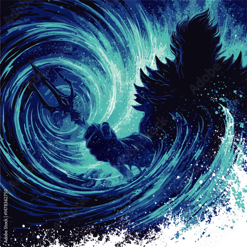 Powerful mystical godlike warrior wielding ancient trident surrounded by intense dynamic blue water waves capturing strength and legendary ocean mythology concept