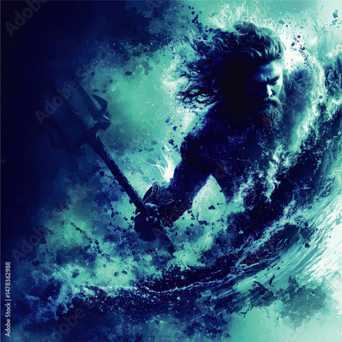 Mystical Powerful Ocean God Holding Trident Emerging from Stormy Waves Epic Fantasy Vector Illustration Mythical Character Graphic Design Digital Background Artwork