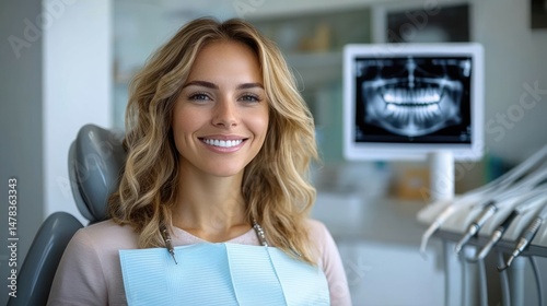 Smiling woman sitting in dental chair inside a modern dental clinic with dental X-ray visible on a monitor in the background Free Download Smiling woman sitting in dental chair inside a modern dental clinic with dental X-ray visible on a monitor in the background - GFXLoad