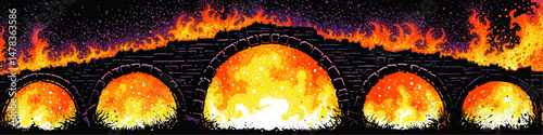 Dramatic Vector Illustration of Burning Stone Bridge with Nighttime Fire and Vibrant Flames Creating Intense Fiery Atmosphere for Fantasy Themed Artwork and Graphic Design