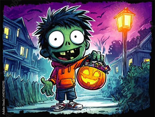 Spooky Halloween Illustration Vector of Cartoon Zombie Boy Trick or Treating Holding Pumpkin Candy Basket Under Streetlight in Creepy Night Neighborhood with Bats
