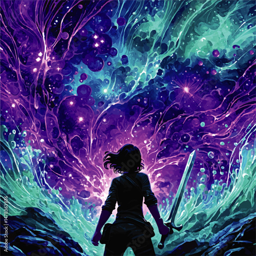 Epic Fantasy Illustration Featuring Brave Warrior Woman with Sword Facing Magical Cosmic Energy Storm and Colorful Abstract Galaxy Background for Adventure Storytelling