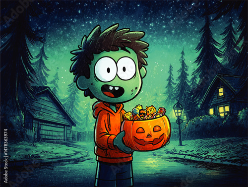 Spooky Cartoon Boy Holding Pumpkin Bucket Filled With Candy on Halloween Night in Haunted Neighborhood With Mystical Forest Starry Sky Background Graphic Vector Art
