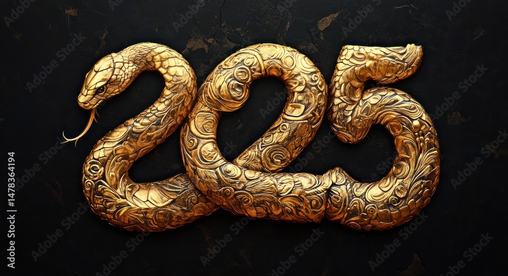 Obraz premium Golden snake shaped into the numbers 2025 with detailed engravings on a dark textured background expressing elegance and mystique