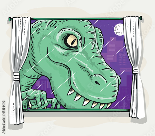 Cartoon style illustration of Tyrannosaurus Rex looking outside the window.