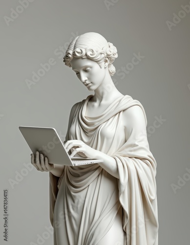 women greek statue with laptop