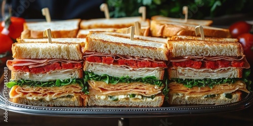 Close-up view of multiple stacked fresh deli sandwiches with toasted bread, layers of sliced turkey, ham, lettuce, tomato, and cheese on a silver platter