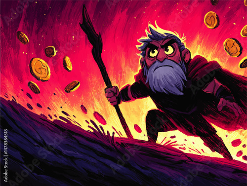 Vector Fantasy Illustration of Brave Cartoon Wizard with Staff and Gray Beard Casting Magical Spells In Vibrant Dramatic Scene with Golden Coins Flying and Fire Glow