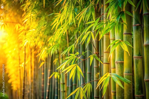 Long Exposure Bamboo Wall Photography: Green Yellow Leaves, Serene Nature Scene, Asian Garden, Lush Foliage