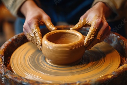 close-up of hands shaping wet clay on rotating pottery wheel creating a small pot with focus on skillful craftsmanship and earthy textures