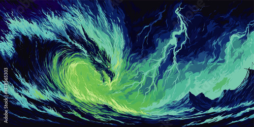 Majestic Epic Dark Fantasy Vector Illustration of Mythical Dragon Formed from Glowing Stormy Waves with Ship Lightning Dramatic Blue Green Ocean Scene Art