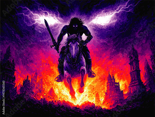 Epic Fantasy Illustration Dark Warrior On Horseback In Fiery Apocalypse Scene With Sword Lightning Storm And Burning Castle Battle Destruction And Heroic Adventure Art