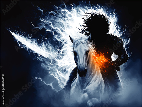 Epic Fantasy Warrior Riding White Horse with Flaming Sword in Dark Mystical Realm Vector Illustration Featuring Fire Ice Battle Magic and Heroic Adventure Scene