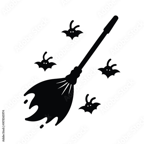 Flying Broomstick with Bats Halloween Illustration