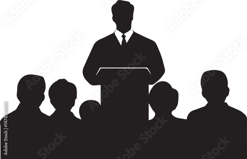 Silhouette of Speaker at Podium Addressing Audience Public Speaking and Leadership Concept