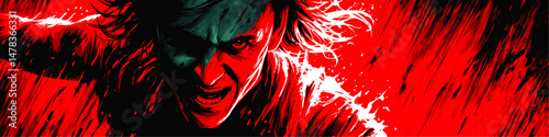 Intense Dramatic Vector Illustration of Angry Fierce Man in Red and Black Color Scheme Powerful Emotional Artistic Portrait Background Dynamic Graphic Image Concept