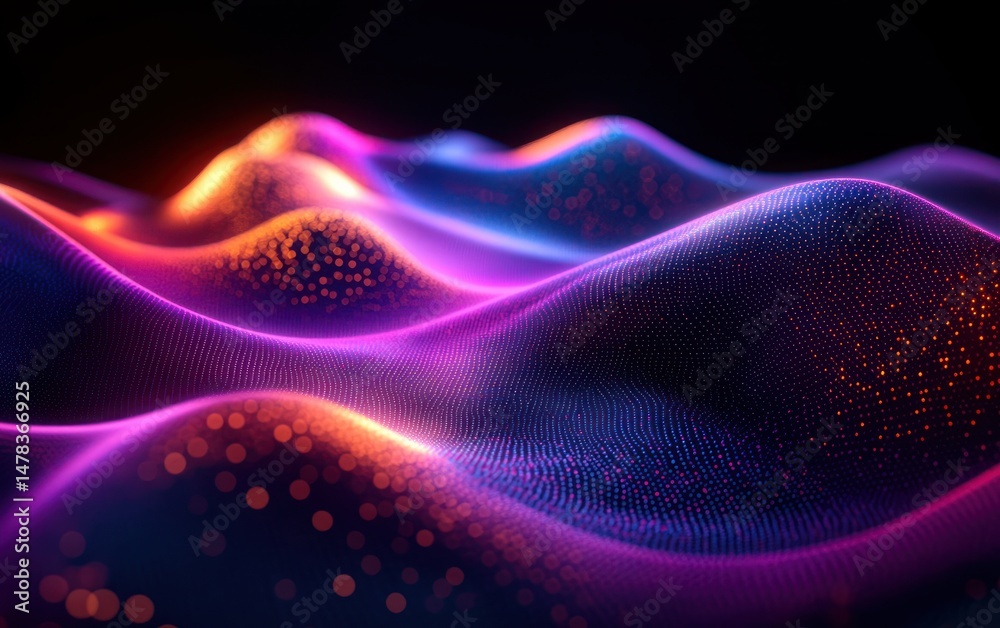 Fototapeta premium Glowing digital waves with vibrant neon purple and orange dots creating an abstract undulating landscape effect in a dark environment
