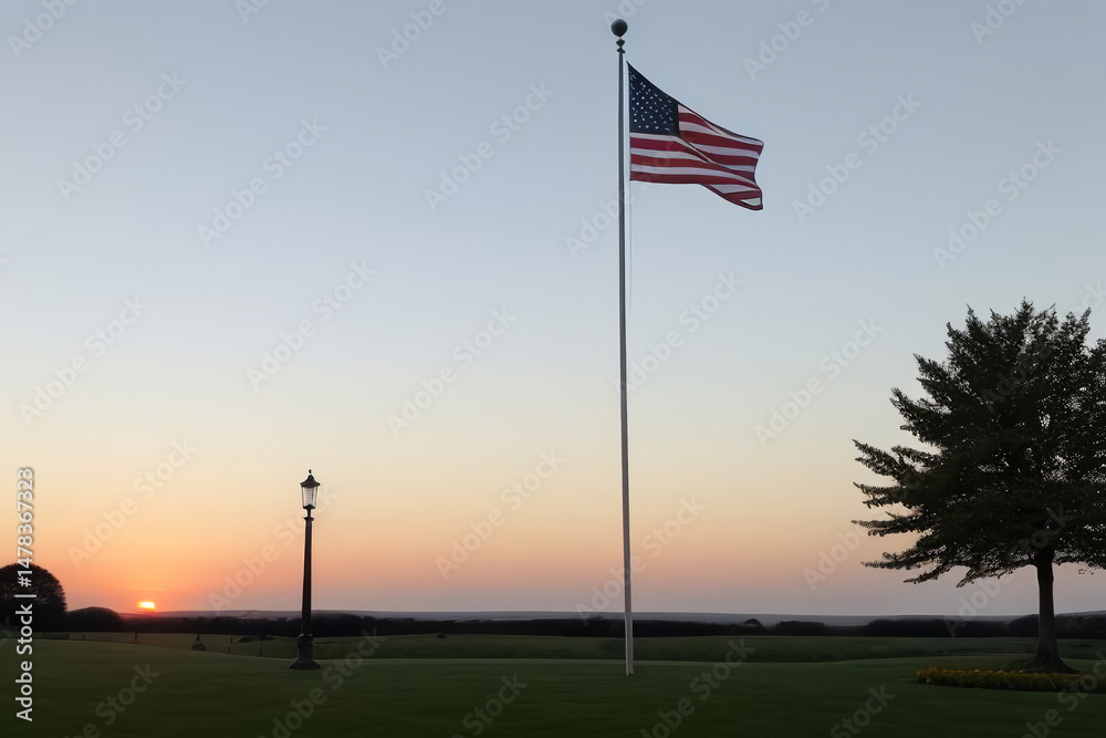 Fototapeta premium American Flag Waving in the Evening Sunset