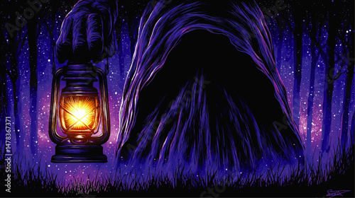 Mysterious Vector Illustration of Creepy Hooded Figure Holding Glowing Lantern in Dark Enchanted Forest at Night Scary Fantasy Supernatural Art for Posters and Prints