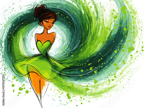 Artistic Vector Illustration of Elegant Woman in Green Dress with Abstract Flowing Swirls and Splashes of Color Ideal for Fashion Beauty Dance and Feminine Designs