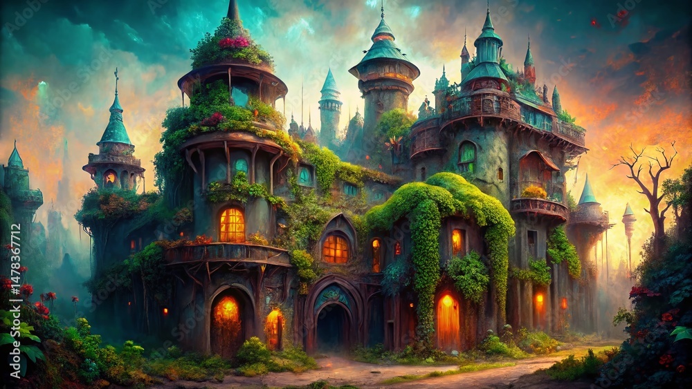 Obraz premium Bold Doodle Fantasy Castle Background, Urban Exploration, Grungy Texture, Mysterious, Adventure