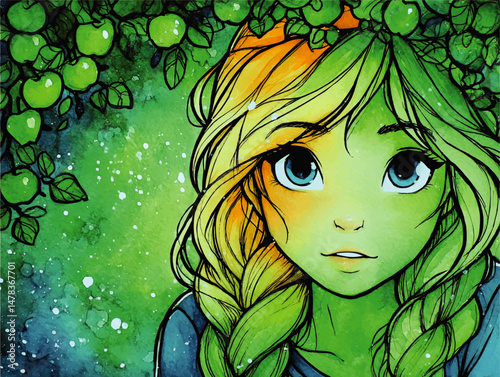 Enchanting Artistic Vector Illustration of Fantasy Girl with Blue Eyes Blonde Braids Surrounded by Watercolor Green Apples and Leaves Magical Anime Illustrated Portrait