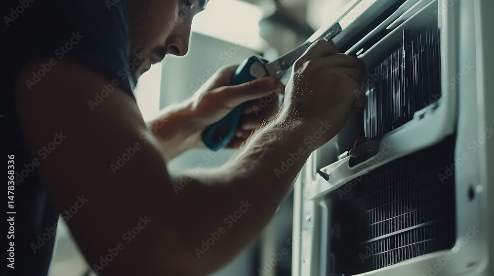 Naklejka premium Technician Repairing an Air Conditioning Unit