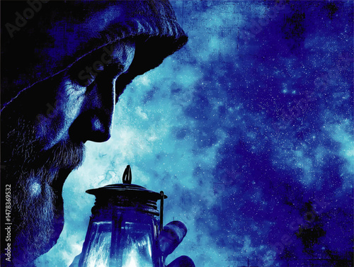 Mysterious Hooded Bearded Man Holding Lantern Illuminated by Cosmic Star Filled Night Sky Background Illustration Concept for Mystery Fantasy Adventure Exploration