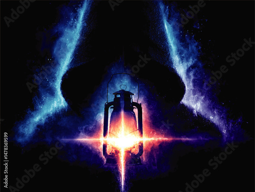 Mystical Vector Illustration of Glowing Lantern Illuminating Dark Mysterious Hooded Silhouette with Dramatic Blue and Purple Magical Flame Background Fantasy Graphic