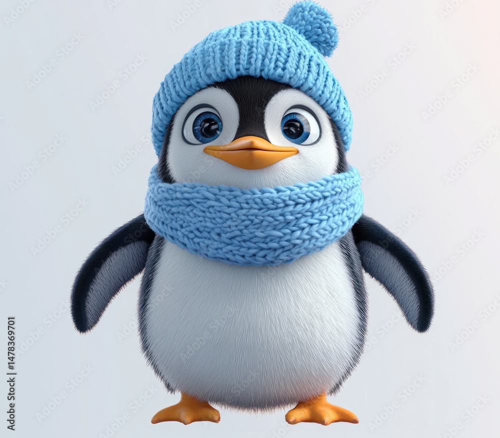 Fototapeta premium cute fluffy penguin wearing a blue knitted hat and matching scarf looking forward with big blue eyes and a gentle smile