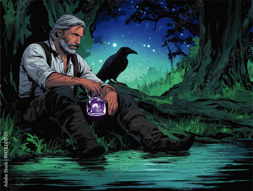 Enchanting Detailed Vector Illustration of Reflective Bearded Man Sitting by Forest Stream at Night with Glowing Lantern and Raven Under Starry Sky Fantasy Art Scene