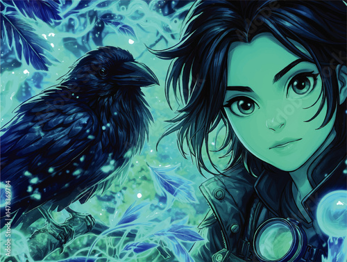 Mystical Vector Art Featuring Anime Fantasy Girl and Majestic Raven in Vibrant Magic Forest Scene with Celestial Blue Glowing Energy and Beautiful Detailed Illustration