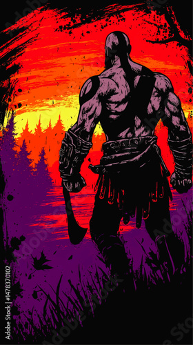 Powerful muscular warrior holding axe silhouetted against colorful sunset sky with forest background vector illustration fantasy action graphic dramatic scene