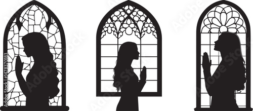 Silhouette of Women Praying at Stained Glass Windows Spiritual Worship and Faith Concept