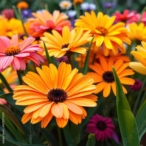 Vibrant colorful flower garden with visible brushstrokes and soft lighting – artistic impressionist style painting
